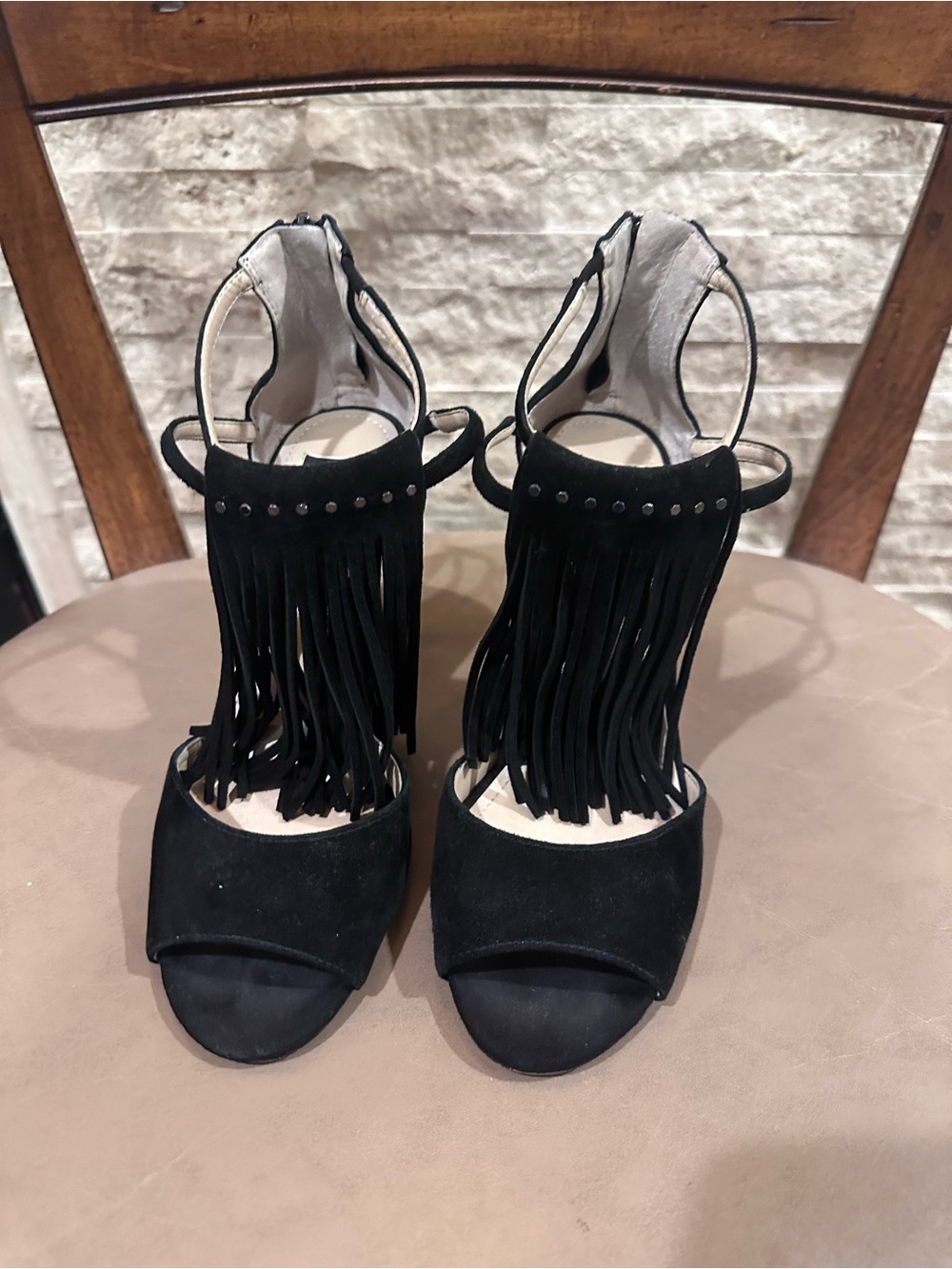 White House Black Market Black Fringe Open-Toe Heeled Sandals